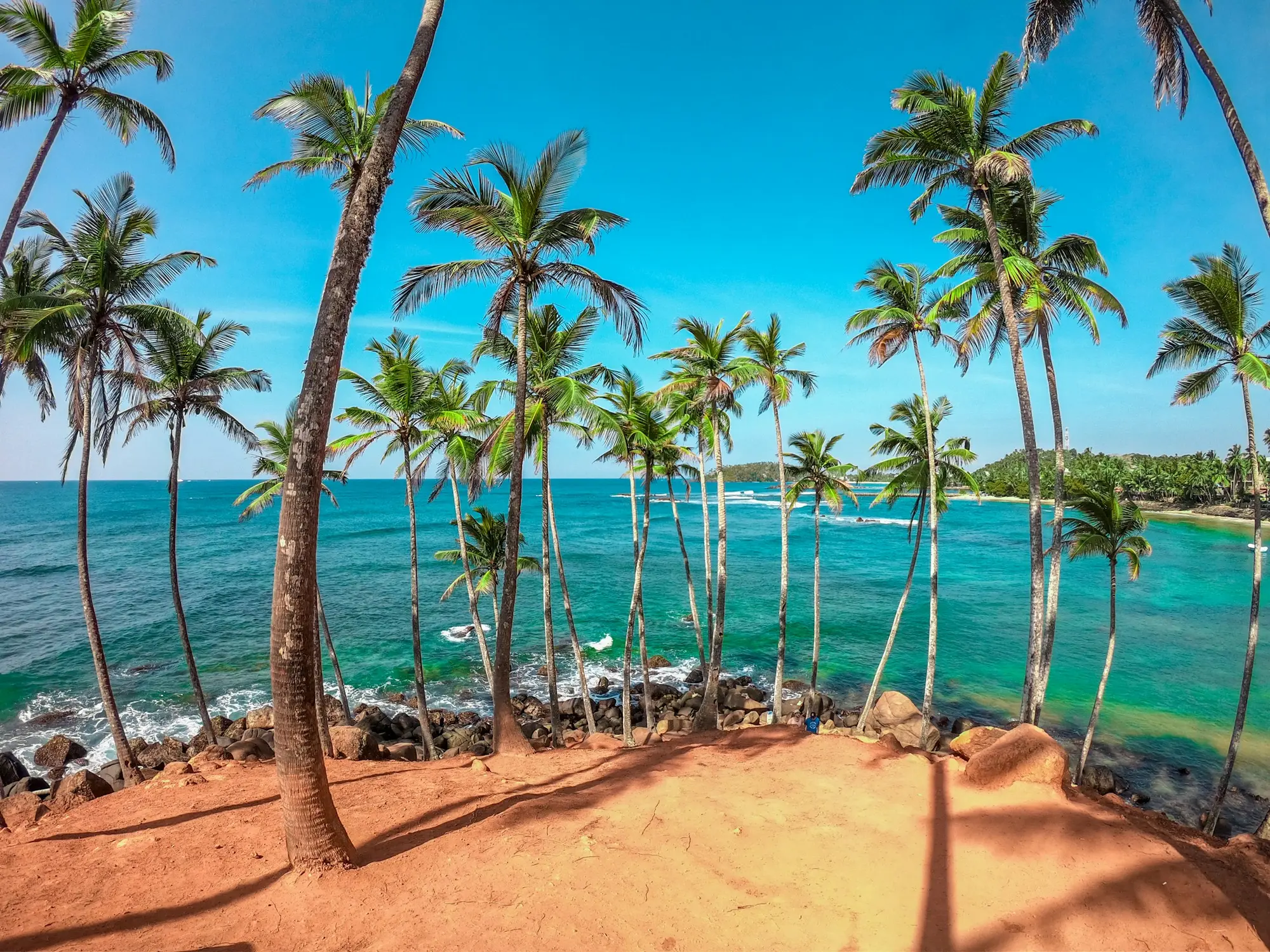 Palm-fringed tropical coastline and turquoise sea in southern Sri Lanka